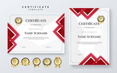 Modern kırmızı beyaz sertifika şablonu dinamik ve gelecekçi çokgen renk ve modern arkaplan.