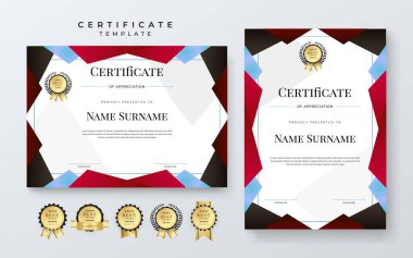 Modern kırmızı beyaz sertifika şablonu dinamik ve gelecekçi çokgen renk ve modern arkaplan.
