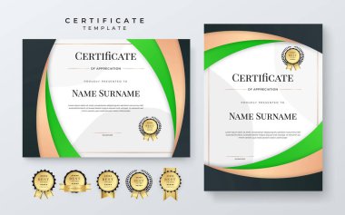 Rozetli vektör modern yeşil, beyaz ve altın başarı sertifikası