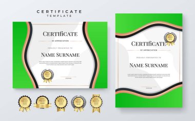Rozetli vektör modern yeşil, beyaz ve altın başarı sertifikası