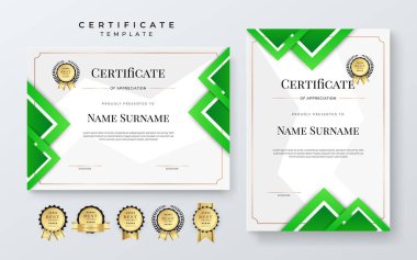 Rozetli vektör modern yeşil, beyaz ve altın başarı sertifikası