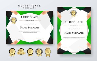 Rozetli vektör modern yeşil, beyaz ve altın başarı sertifikası