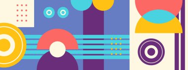 Soyut geometrik arkaplanlar, 70 'lerin retro tarzında izole edilmiş vektör tasarım elementleri, renkli geometrik şekilli modern modüler bileşimler,.