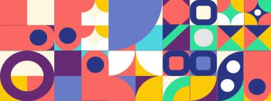 Geometrik şablon arkaplan, vektör çokrenkli geometri soyut baskı dizaynı dikdörtgenler, kareler ve daireler