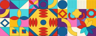 Modern minimalist orta yüzyıl renkli neo geometrik bauhaus stili memphis çağdaş düzenlenebilir dikişsiz desen neo jeo soyut geometrik çizim 70 'ler, retro, vintage.