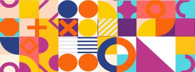 Geometrik mozaik, Bauhaus deseni. Modern geometri figürü, şekil. Bauhaus. Geometrik mozaik. Asgari duvar resmi dokusu. İskandinav. Geometrik mozaik parmak izi. 50 'ler, 60' lar, eski duvar kağıtları. Vektör illüstrasyonu