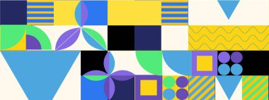 Geometrik mozaik, Bauhaus deseni. Modern geometri figürü, şekil. Bauhaus. Geometrik mozaik. Asgari duvar resmi dokusu. İskandinav. Geometrik mozaik parmak izi. 50 'ler, 60' lar, eski duvar kağıtları. Vektör illüstrasyonu