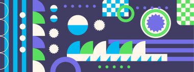 Soyut geometrik arkaplanlar, 70 'lerin retro tarzında izole edilmiş vektör tasarım elementleri, renkli geometrik şekilli modern modüler bileşimler,.