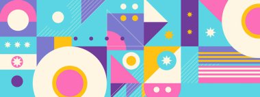 Yaratıcı soyut şekillere sahip renkli geometrik kusursuz desenli çizimler. Modern İskandinav tarzı arka plan baskısı. Modaya uygun parlak semboller ve minimalist şekil, doku, geometrik kolaj.