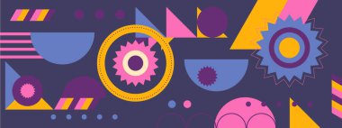 Yaratıcı soyut şekillere sahip renkli geometrik kusursuz desenli çizimler. Modern İskandinav tarzı arka plan baskısı. Modaya uygun parlak semboller ve minimalist şekil, doku, geometrik kolaj.