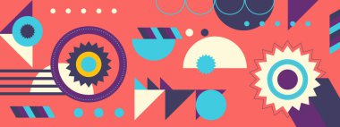 Soyut Geometrik Desen Sanatı. Retro renkler ve renk arkaplanı. Renkli geometrik şekilli şebeke. Modern tanıtım broşürü, arkaplan, broşür, model.