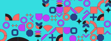 Eski İskandinav tarzında daireler, dikdörtgenler ve karelerle modern vektör soyut geometrik arkaplan. Pastel renkleri basit şekiller grafik desenler. Renkli Soyut Mozaik Sanatı.