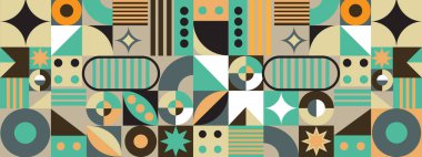 Vektör renkli geometrik soyut arkaplan tasarımı. Basit Bauhaus geometrik şekillerinin bileşimi.