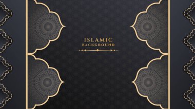 Lüks Ramazan Kareem geçmişi siyah ve altın mandala desenli, sınır, hilal ay, fener, Arap desenli ve kaligrafili. Gerçekçi vektör illüstrasyonu