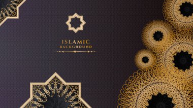 Lüks Ramazan Kareem geçmişi siyah ve altın mandala desenli, sınır, hilal ay, fener, Arap desenli ve kaligrafili. Gerçekçi vektör illüstrasyonu