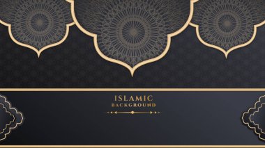 Lüks Ramazan Kareem geçmişi siyah ve altın mandala desenli, sınır, hilal ay, fener, Arap desenli ve kaligrafili. Gerçekçi vektör illüstrasyonu