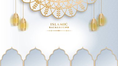 Beyaz ve altın mandala desenli lüks ramazan kareem, sınır, hilal ay, fener, Arap deseni ve kaligrafi. Gerçekçi vektör illüstrasyonu