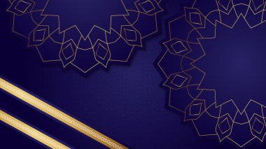 Ramazan kareem geleneksel İslami festival dini web arkaplan pankartı. Hilal ay, fener, yıldız ve Arap desenli ve kaligrafili bayram arkaplanı