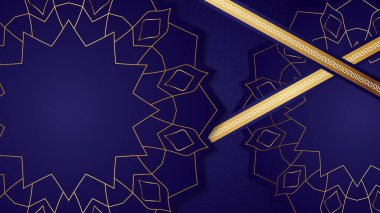 Ramazan kareem geleneksel İslami festival dini web arkaplan pankartı. Hilal ay, fener, yıldız ve Arap desenli ve kaligrafili bayram arkaplanı