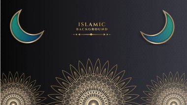 Lüks Ramazan Kareem geçmişi siyah ve altın mandala desenli, sınır, hilal ay, fener, Arap desenli ve kaligrafili. Gerçekçi vektör illüstrasyonu