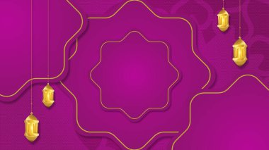 Ramazan kareem geleneksel İslami festival dini web arkaplan pankartı. Hilal ay, fener, yıldız ve Arap desenli ve kaligrafili bayram arkaplanı