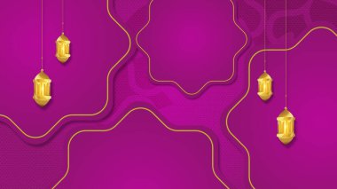 Ramazan kareem geleneksel İslami festival dini web arkaplan pankartı. Hilal ay, fener, yıldız ve Arap desenli ve kaligrafili bayram arkaplanı