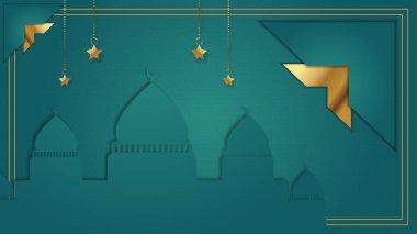 Ramazan kareem geleneksel İslami festival dini web arkaplan pankartı. Hilal ay, fener, yıldız ve Arap desenli ve kaligrafili bayram arkaplanı