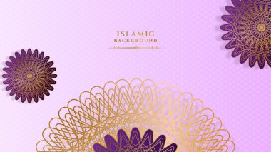 Lüks Arap mandala desenli altın ramazan arka planı, fener ve ay. Pankart için tasarım şablonu, Kurban Bayramı, yeni yıl, maulid, adha, muharram. Vektör illüstrasyonu