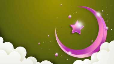 Ramazan Kareem vektör kartı üzerinde 3d altın metal hilal ve yıldızlar var. Geleneksel desenli bej renkli Arap tarzı kemer. Boşluğu kopyala.