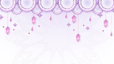 Ramazan Kareem vektör kartı üzerinde 3d altın metal hilal ve yıldızlar var. Geleneksel desenli bej renkli Arap tarzı kemer. Boşluğu kopyala.