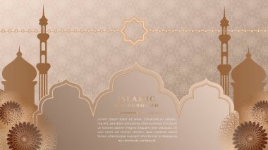 Ramazan Kareem. Bej rengi kahverengi ay ve soyut lüks İslami elementler arka plan