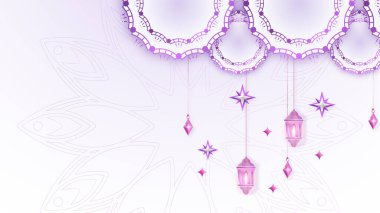 Ramazan Kareem vektör kartı üzerinde 3d altın metal hilal ve yıldızlar var. Geleneksel desenli bej renkli Arap tarzı kemer. Boşluğu kopyala.