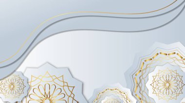 Ramazan Kareem kart geçmişini kutluyor. Ramazan 'da İslami bayram davetiyeleri, hilal şeklinde altın koleksiyonu, el yazması mektuplar ve camii. Vektör illüstrasyonu.