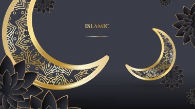 Lüks siyah ve altın renkli Ramazan Kareem geçmişi. Camili ve aylı gerçekçi 3d vektör illüstrasyonuName.