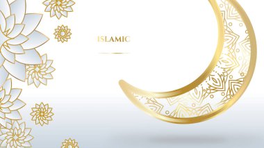 Ramazan Kareem İslami selamlama arka planı fener, mandala deseni, cami ve hilal ay şeklinde.