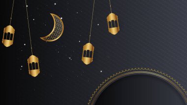 Ramazan Kareem vektör kartı üzerinde 3d altın metal hilal ve yıldızlar var. Geleneksel desenli siyah renkli Arap tarzı kemer. Boşluğu kopyala.