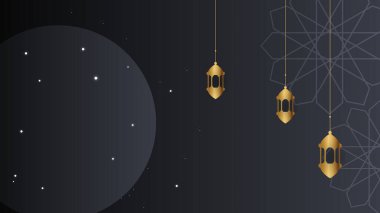 Ramazan Kareem vektör kartı üzerinde 3d altın metal hilal ve yıldızlar var. Geleneksel desenli siyah renkli Arap tarzı kemer. Boşluğu kopyala.