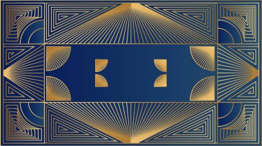 Art deco geometrik altın ve mavi desenli arka plan. Art deco hattı sınırı. Modern altın çerçeveler, dekoratif sınırlar ve geometrik altın etiket çerçevesi. Antika zarif vektör tasarımı