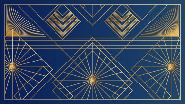 Art deco geometrik altın ve mavi desenli arka plan. Art deco hattı sınırı. Modern altın çerçeveler, dekoratif sınırlar ve geometrik altın etiket çerçevesi. Antika zarif vektör tasarımı