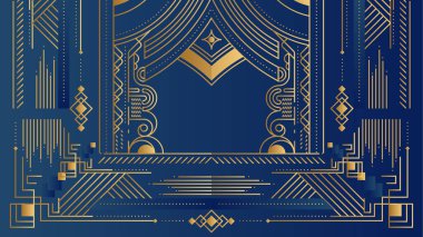 Vektör soyut geometrik altın arkaplan. Art deco düğün, parti şablonu, geometrik süs yapraklı doğrusal stil. Mavi arkaplanda yatay yönelimli lüks dekorasyon ögesi