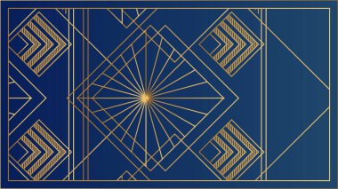 Art deco geometrik altın ve mavi desenli arka plan. Art deco hattı sınırı. Modern altın çerçeveler, dekoratif sınırlar ve geometrik altın etiket çerçevesi. Antika zarif vektör tasarımı