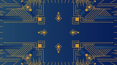 Vektör soyut geometrik altın arkaplan. Art deco düğün, parti şablonu, geometrik süs yapraklı doğrusal stil. Mavi arkaplanda yatay yönelimli lüks dekorasyon ögesi