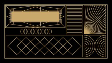 Koyu siyah arka planda altın renkli deco paneller. Antika palet sanat deco duvar kağıdı deseni vektörü