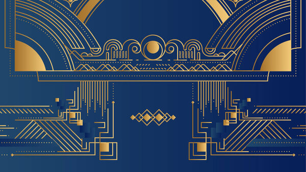 Vector abstract geometric golden background. Art deco wedding, party pattern, geometric ornament, linear style with leaves. Horizontal orientation luxury decoration element in blue background