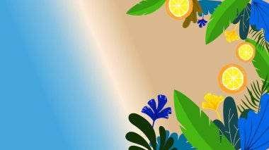 Renkli renkli vektör merhaba yaz arkaplan tasarımı soyut tropikal yapraklar ve çiçeklerle. Bitkisel hayata sahip gerçekçi yaz arkaplanı