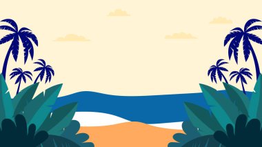 Renkli renkli vektörler, tropikal yapraklar ve plaj titreşimleriyle soyut yaz arkaplanı. Yaz arkaplanı plaj, çiçek, çiçek, hindistan cevizi, yaprak ve güneş