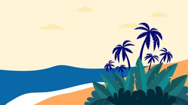 Renkli renkli vektör çizimi tropikal yaz tasarımı arka planı. Yaz arkaplanı plaj, çiçek, çiçek, hindistan cevizi, yaprak ve güneş