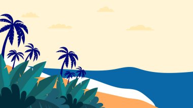 Yaz sezonu için renkli renkli vektör gerçekçi arka plan. Yaz arkaplanı plaj, çiçek, çiçek, hindistan cevizi, yaprak ve güneş