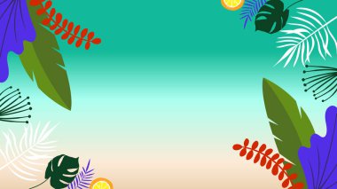 Renkli yaz arkaplan çizimi. Yaz arkaplanı plaj, çiçek, çiçek, hindistan cevizi, yaprak ve güneş