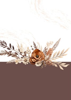 Kahverengi bej ve beyaz modern arkaplan suluboya çiçek ve çiçek daveti